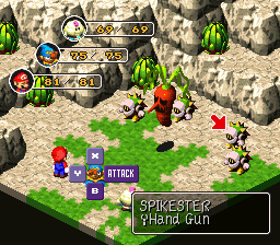 Una battaglia in Super Mario RPG.